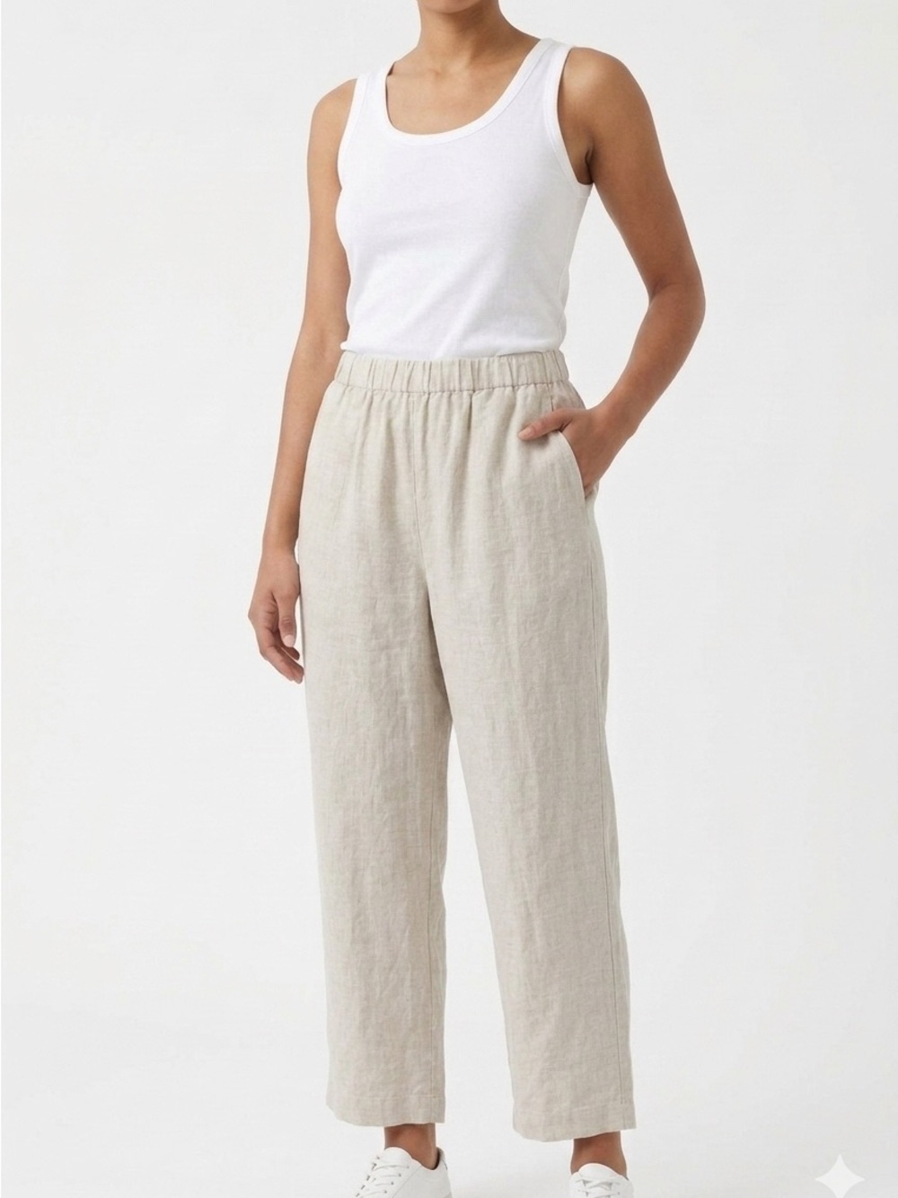 Tahari Wide Leg Elastic Waist Pull on Beige Linen Pants with Pockets S - Picture 10 of 10